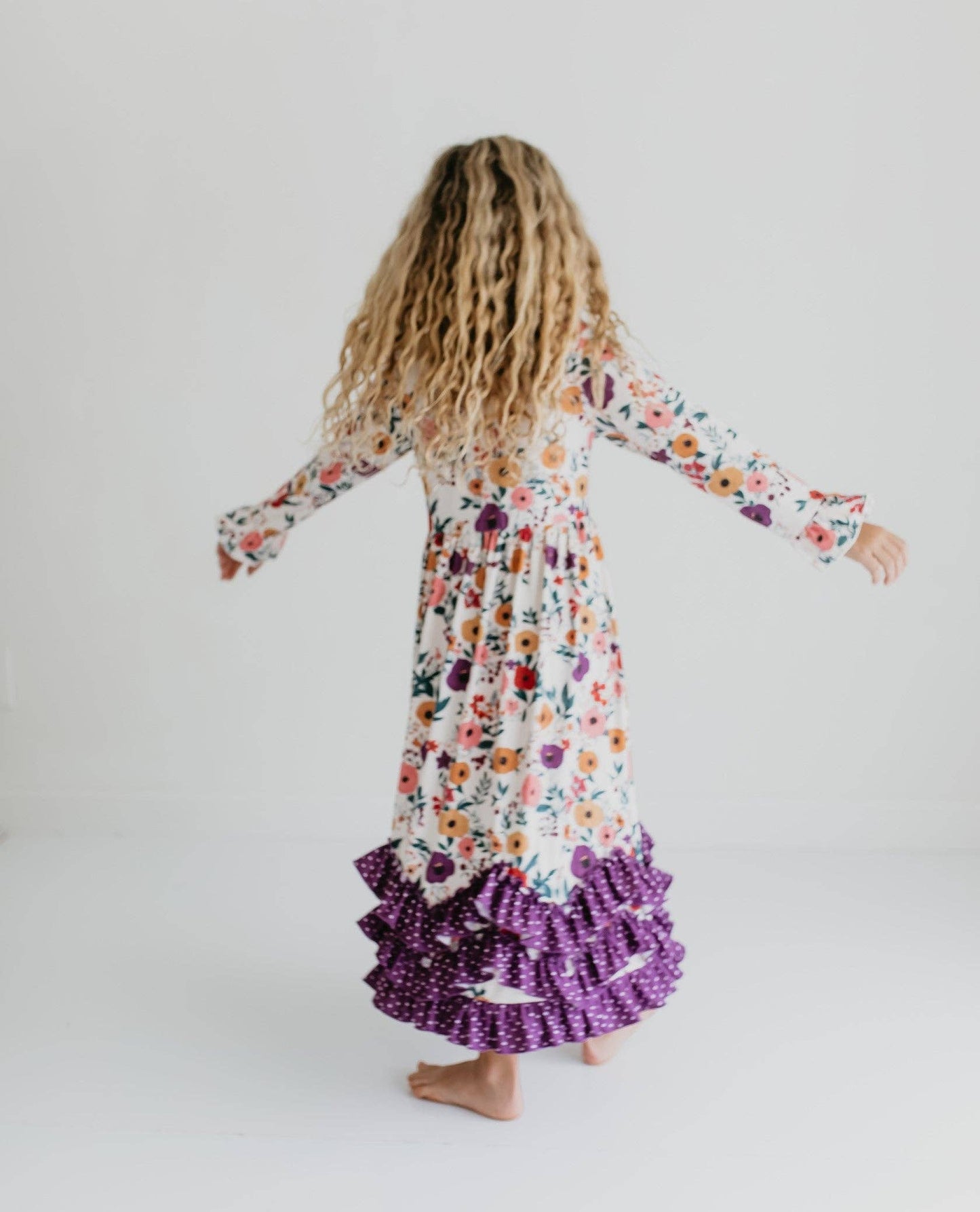 Girls Purple Dot & Floral Long Sleeve 3 Ruffle Dress