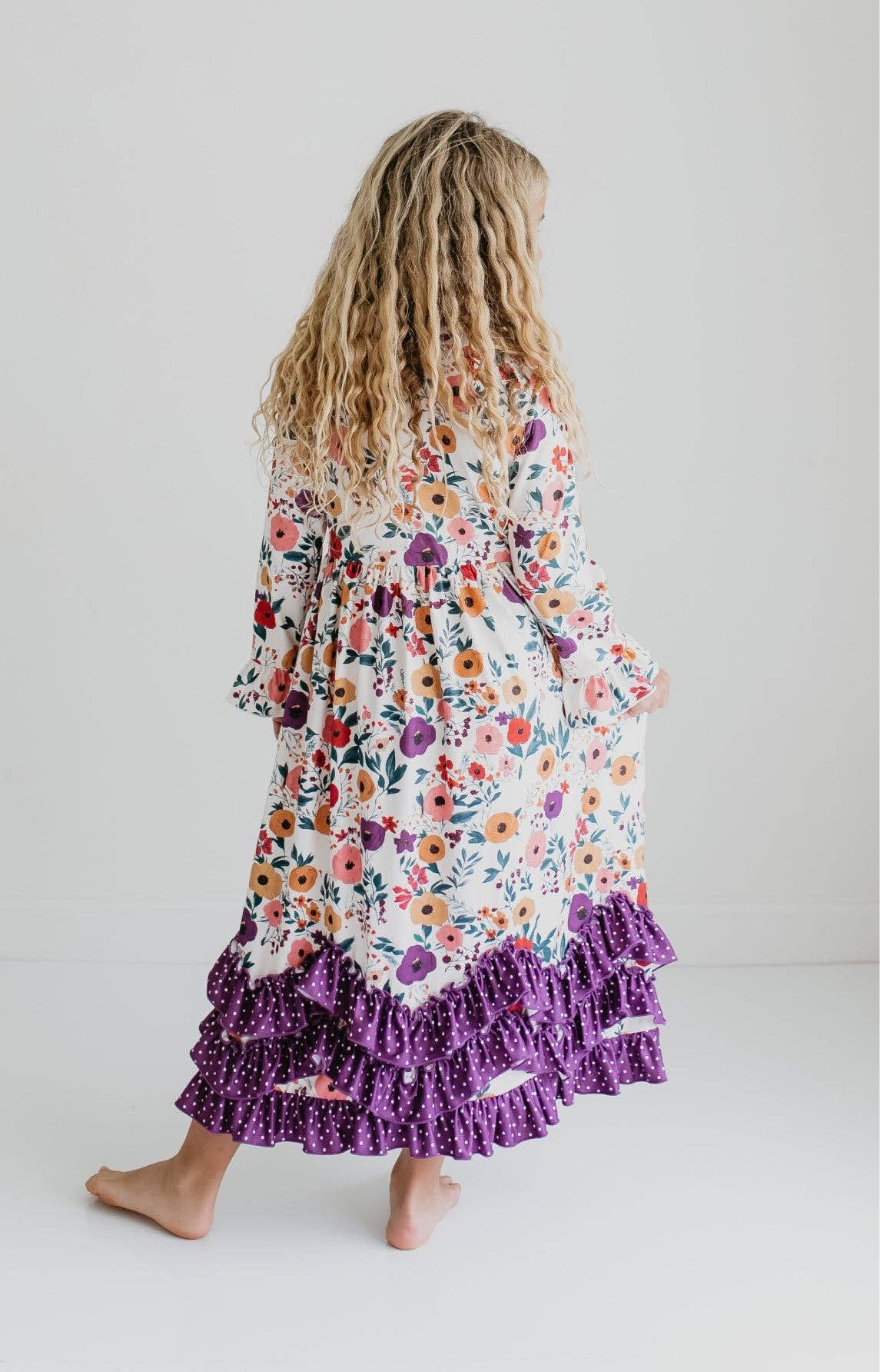 Girls Purple Dot & Floral Long Sleeve 3 Ruffle Dress