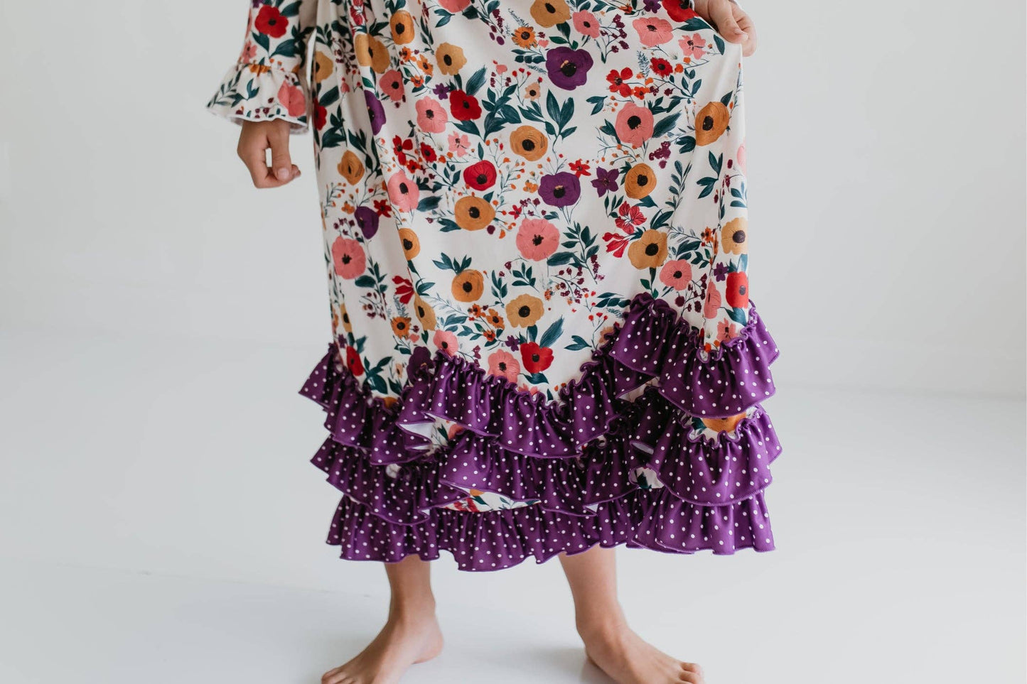 Girls Purple Dot & Floral Long Sleeve 3 Ruffle Dress