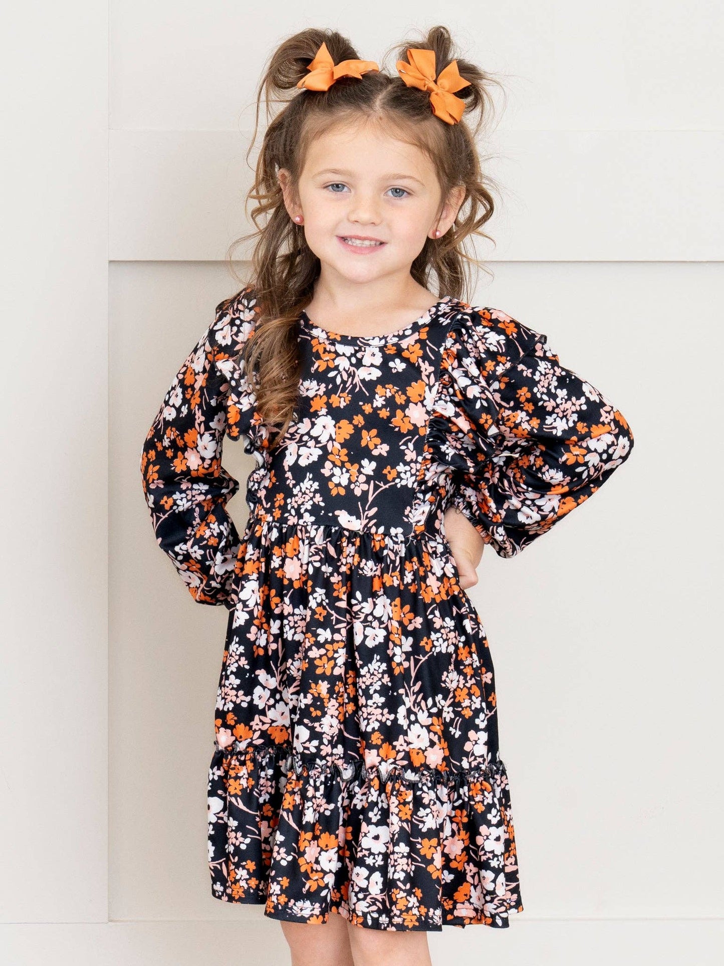 Mom & Me Black & Bronze Floral Ruffle Dress