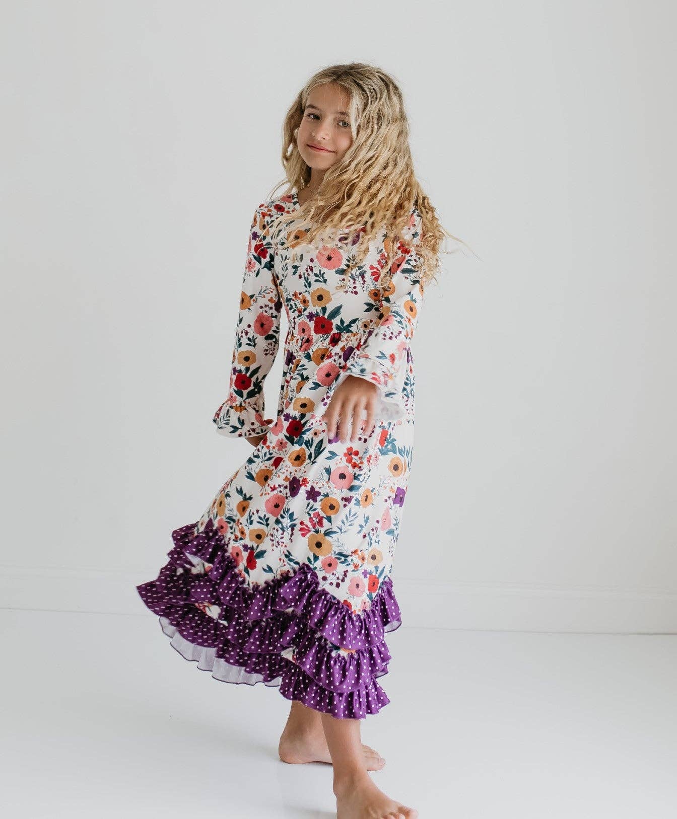 Girls Purple Dot & Floral Long Sleeve 3 Ruffle Dress