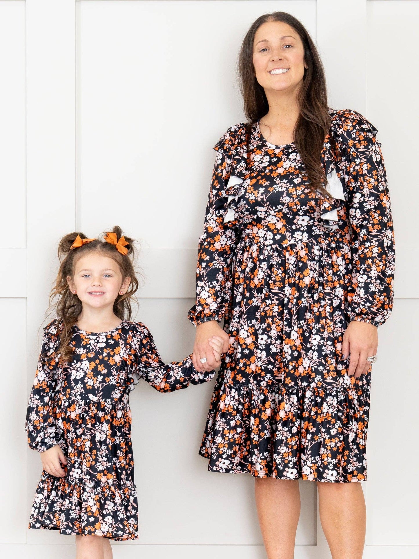 Mom & Me Black & Bronze Floral Ruffle Dress
