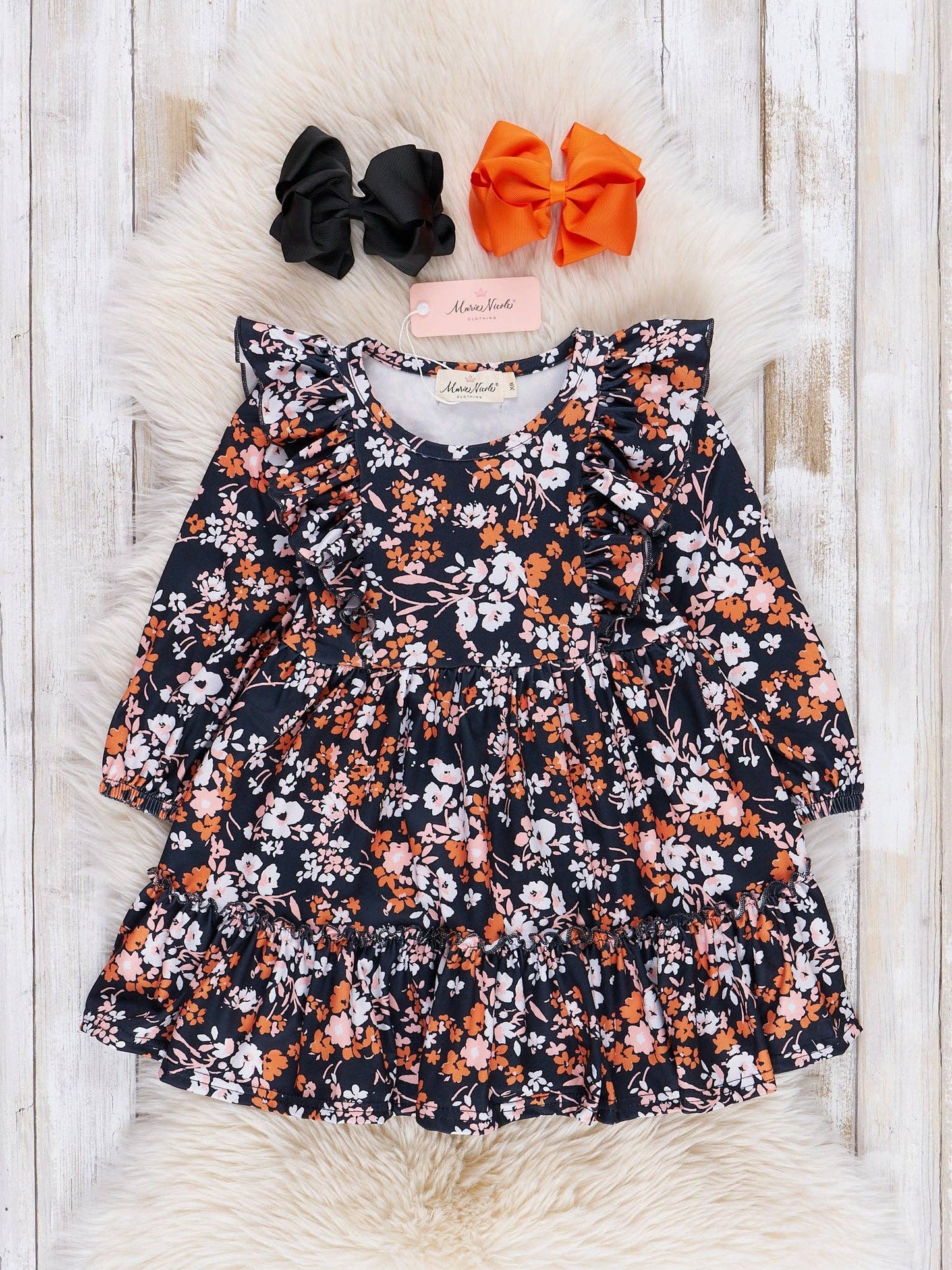 Mom & Me Black & Bronze Floral Ruffle Dress