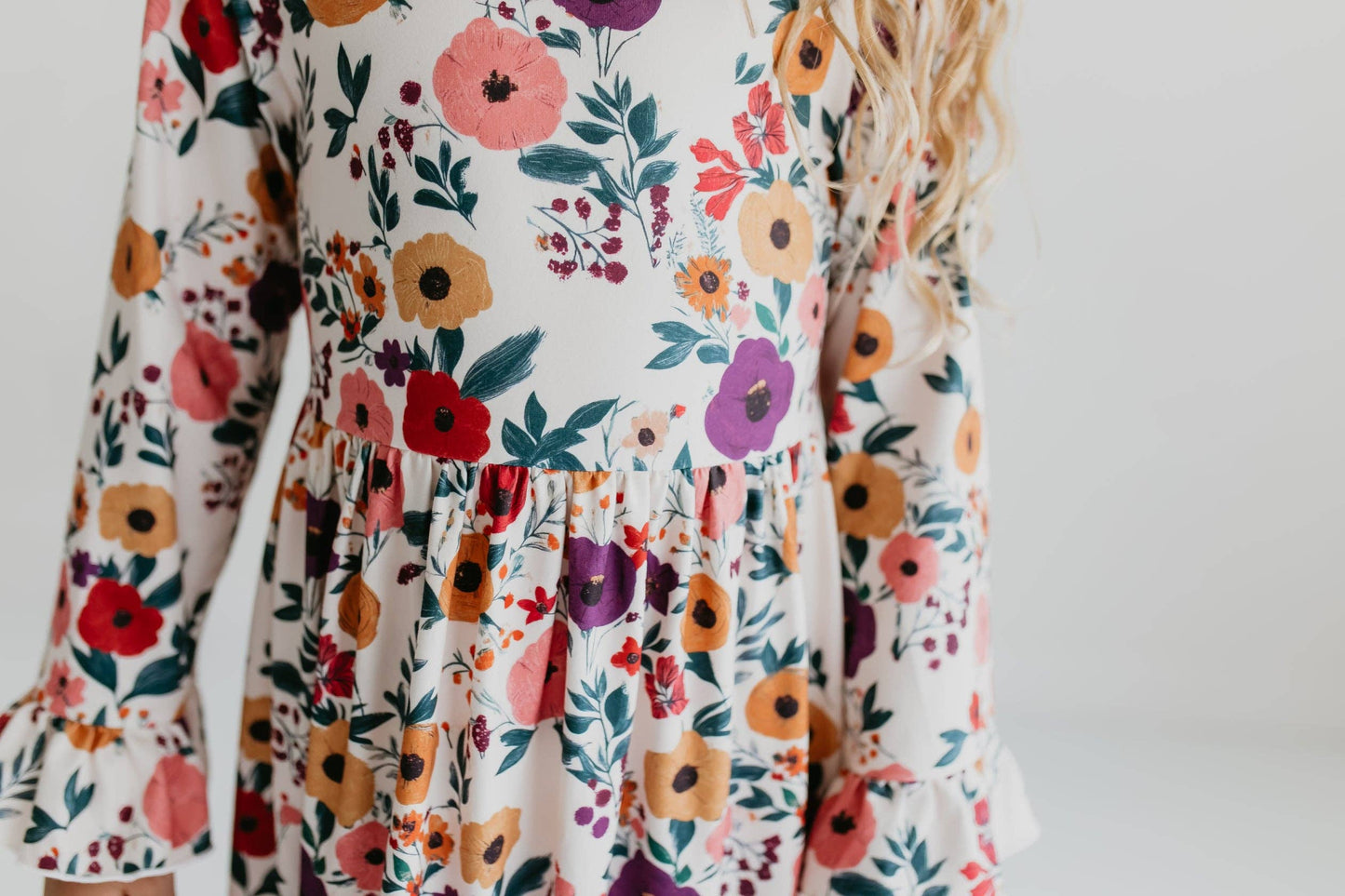 Girls Purple Dot & Floral Long Sleeve 3 Ruffle Dress