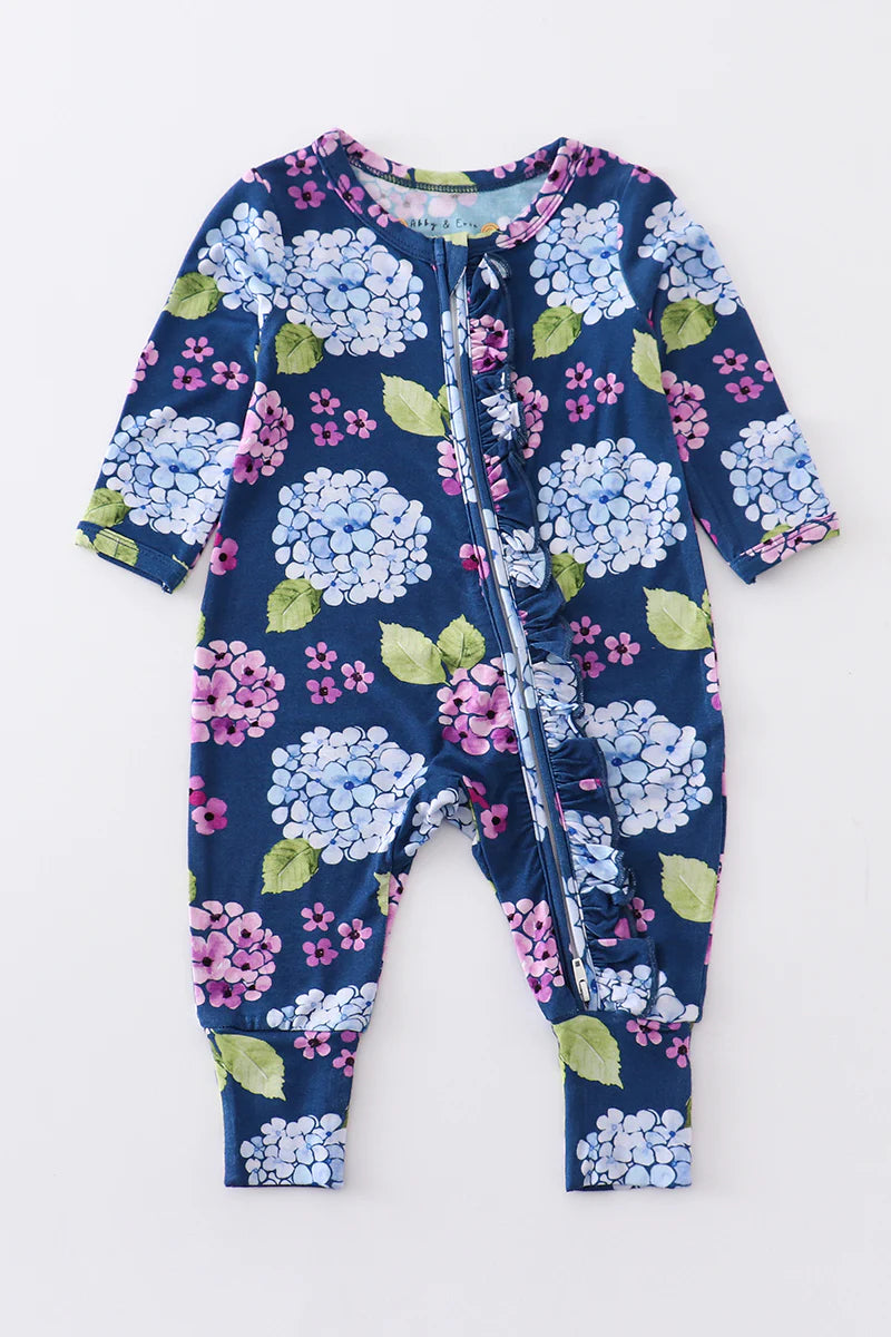 Navy floral print bamboo zipper baby romper