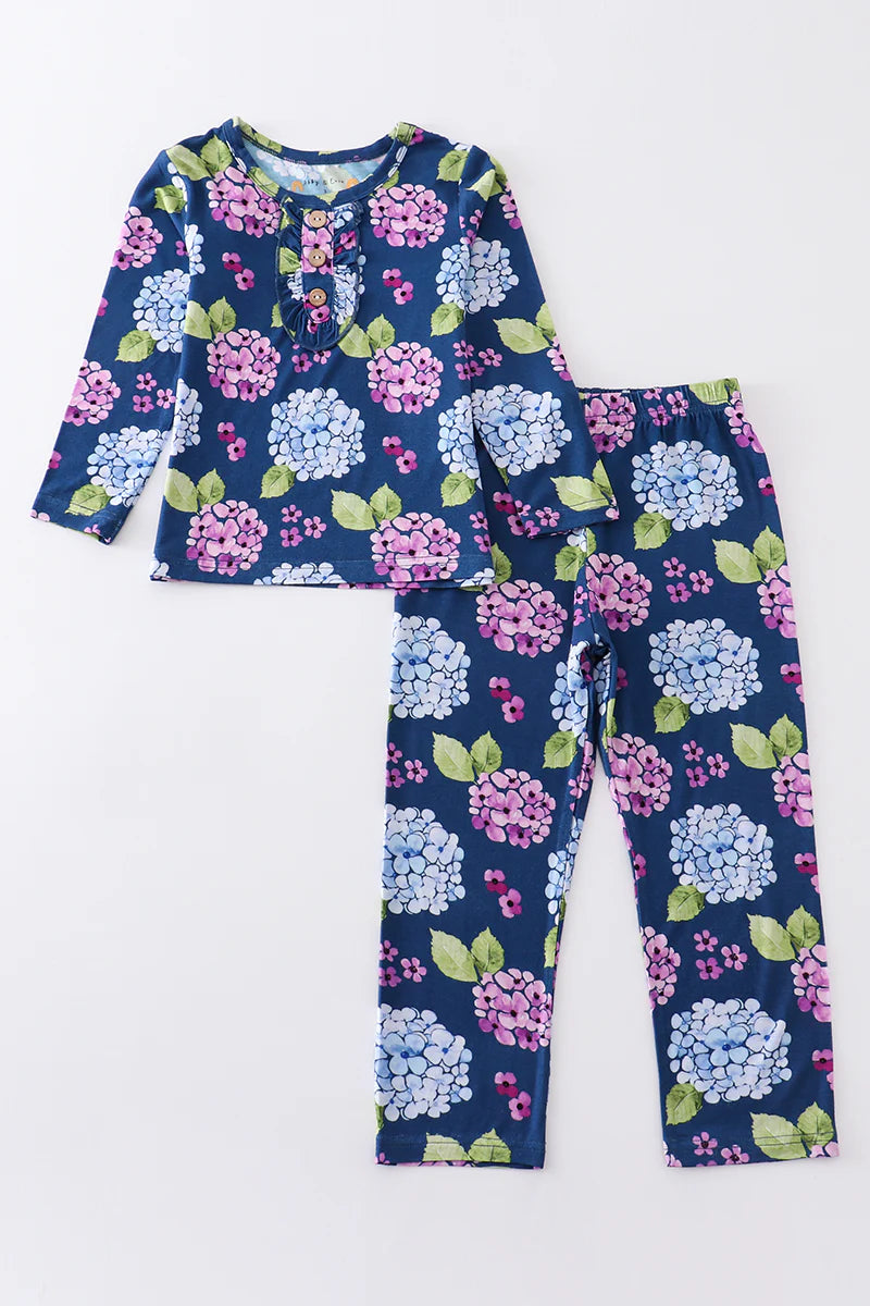 Navy floral print bamboo pajamas set