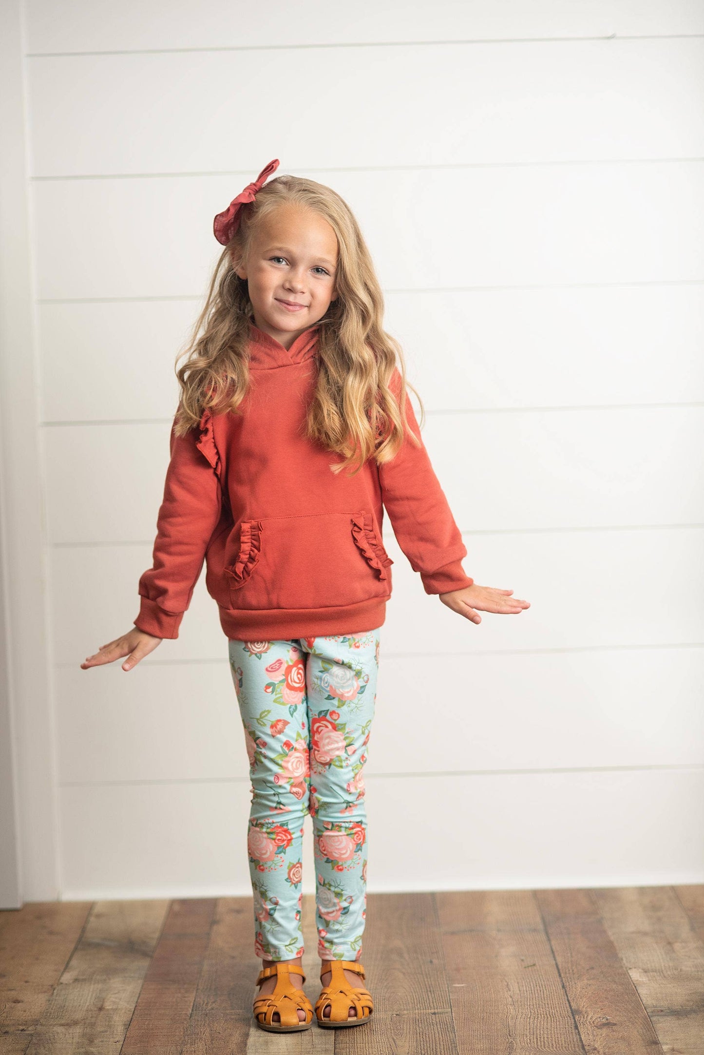 Kids Rust Pocket Ruffle Hoodie & Leggings Fall Set