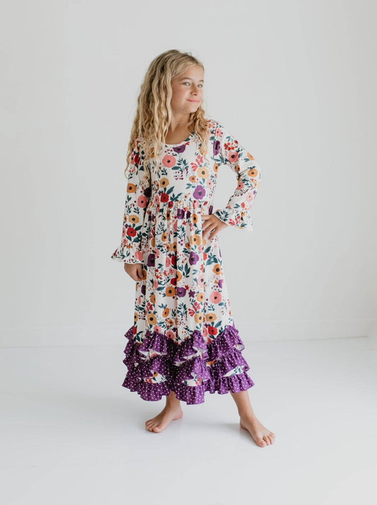 Girls Purple Dot & Floral Long Sleeve 3 Ruffle Dress