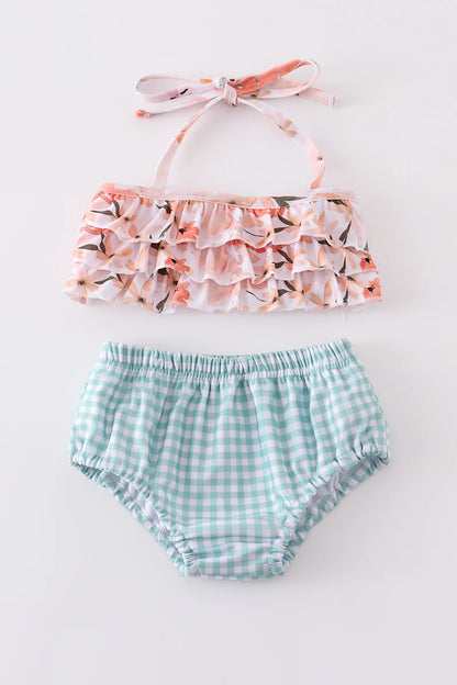 Coral floral print ruffle girl swimsuit