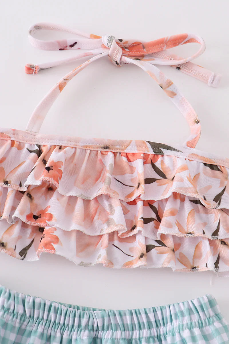 Coral floral print ruffle girl swimsuit