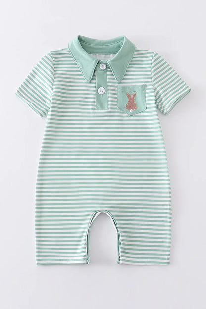 Sage Easter rabbit embroidery stripe boy romper