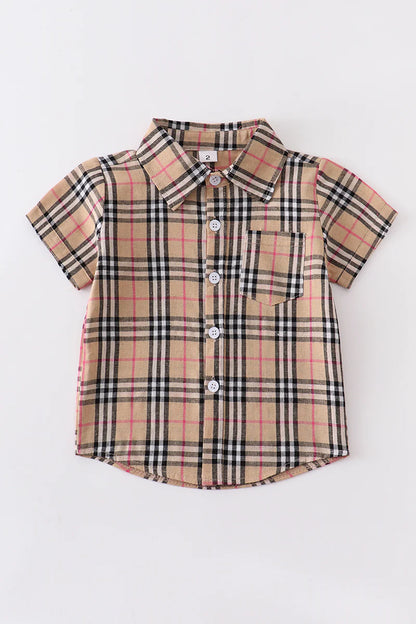 Brown plaid button down boy shirt