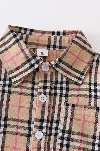 Brown plaid button down boy shirt