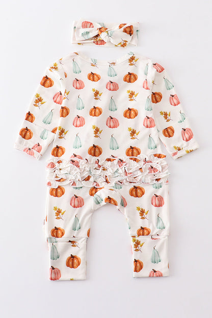 Pumpkin Print Ruffle Romper