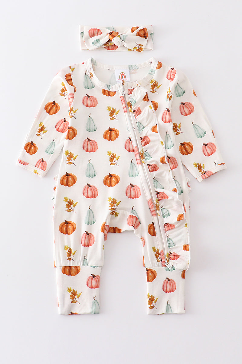 Pumpkin Print Ruffle Romper