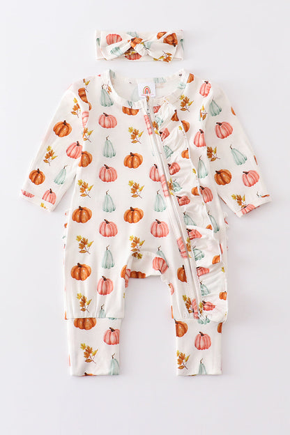 Pumpkin Print Ruffle Romper