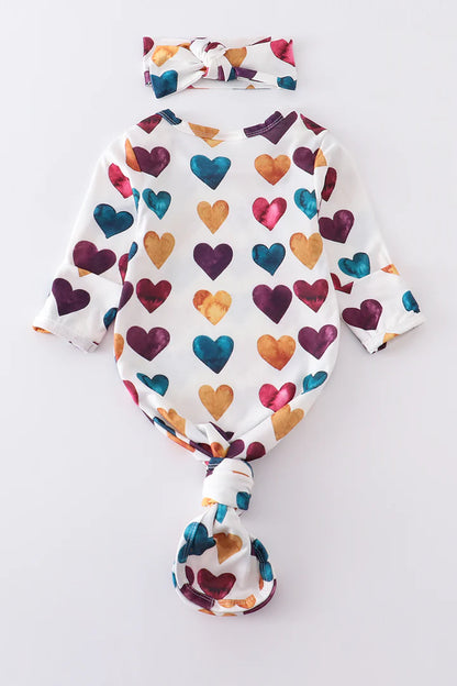 Watercolor heart print head band baby gown