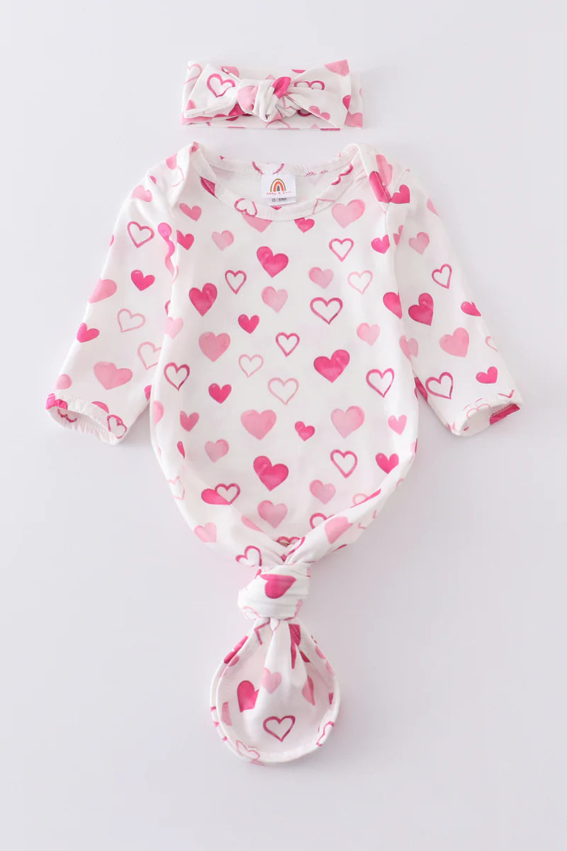 White heart print head band baby gown