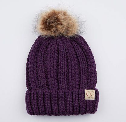 CC Kids Beanie Ages 2-5 Warm Chunky Thick Stretchy Knit Slouch Beanie Skull Kids Hat with Pom