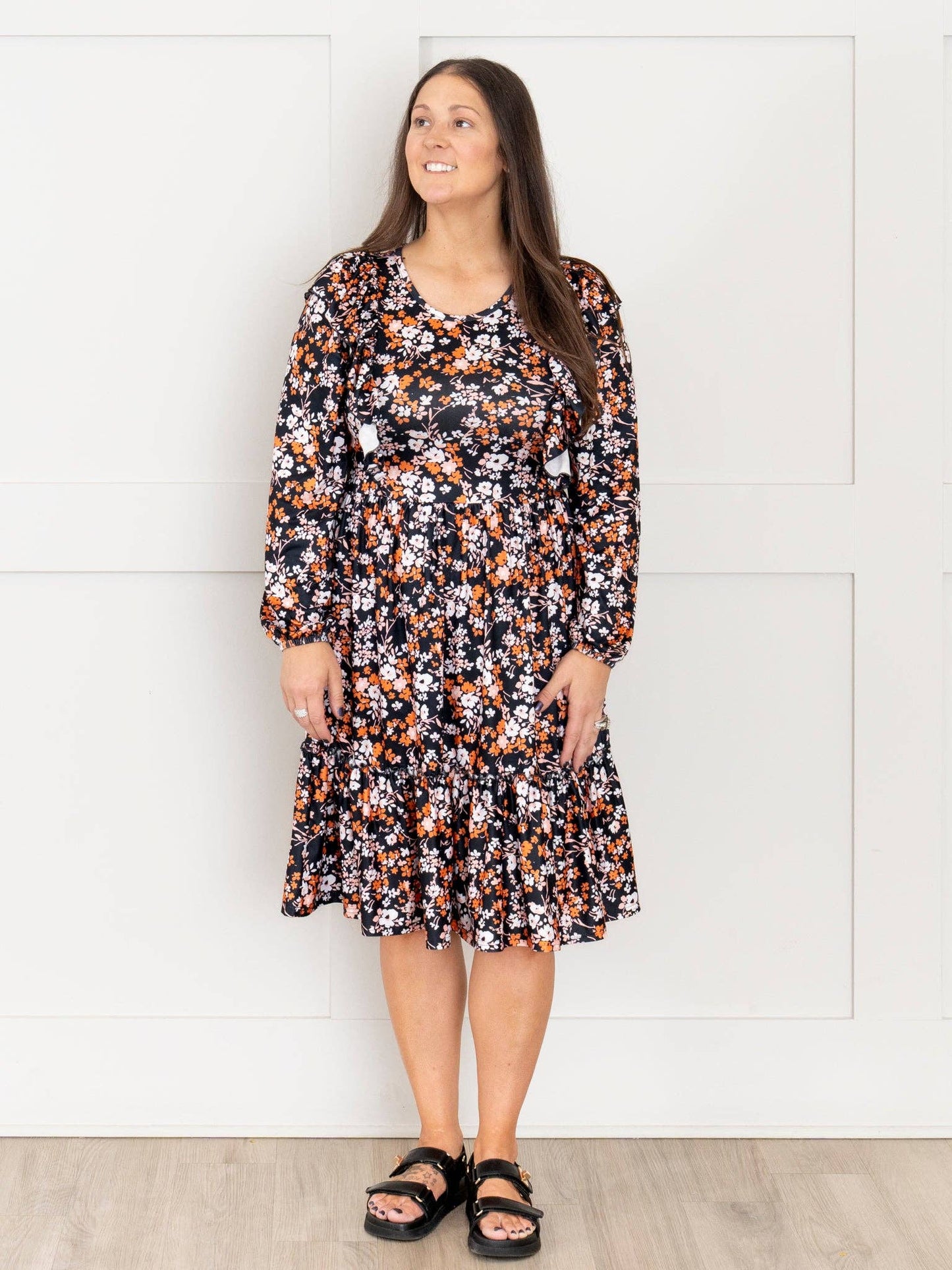 Mom & Me Black & Bronze Floral Ruffle Dress
