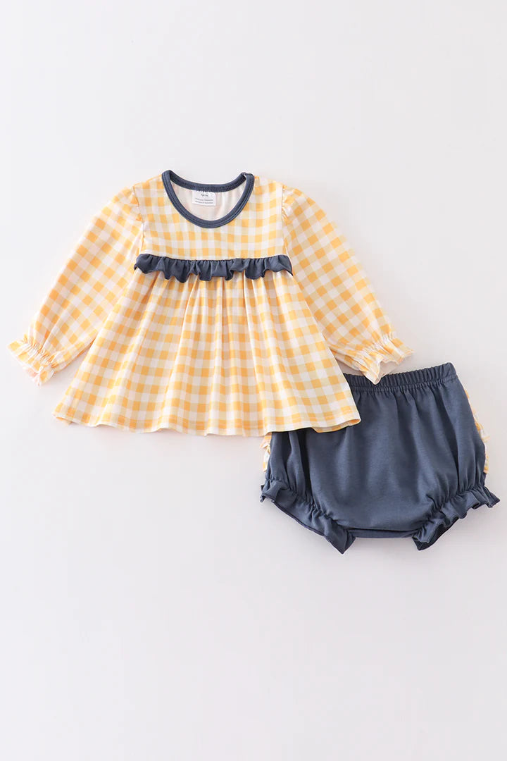 Mustard plaid baby girl bloomers set