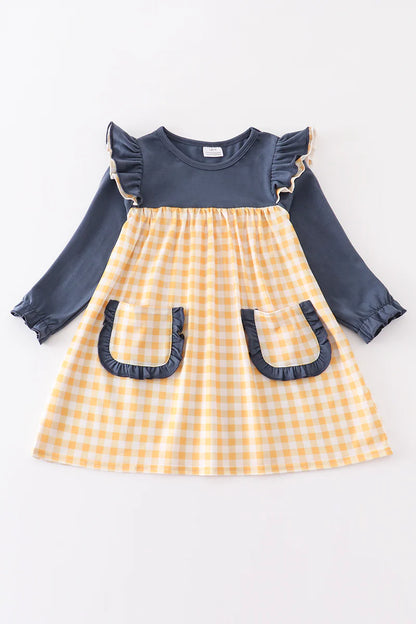 Mustard plaid pocket ruffle girl dress