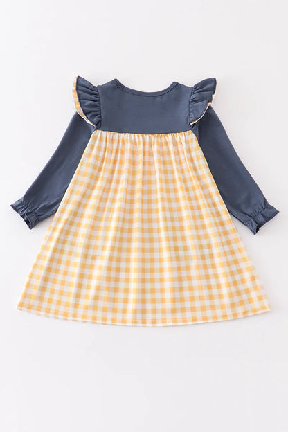 Mustard plaid pocket ruffle girl dress