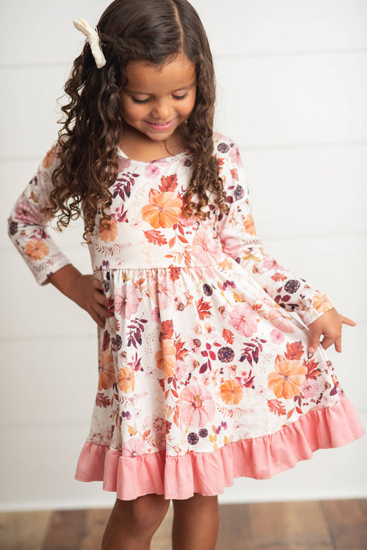 Girls Pink & Coral Vintage Pumpkin Floral Ruffle Fall Dress