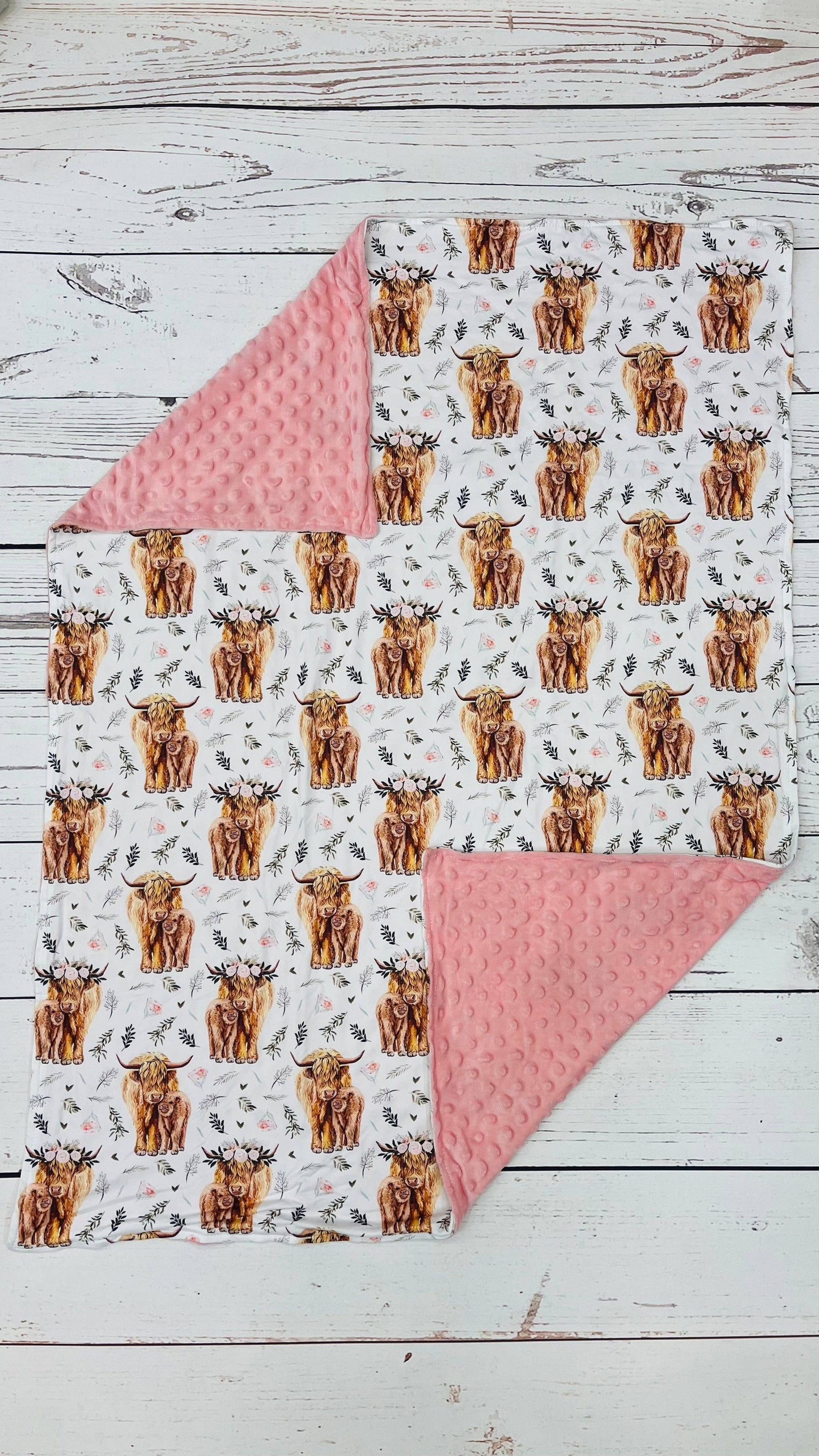Baby Pink Flower Minky Highland Cow Blanket