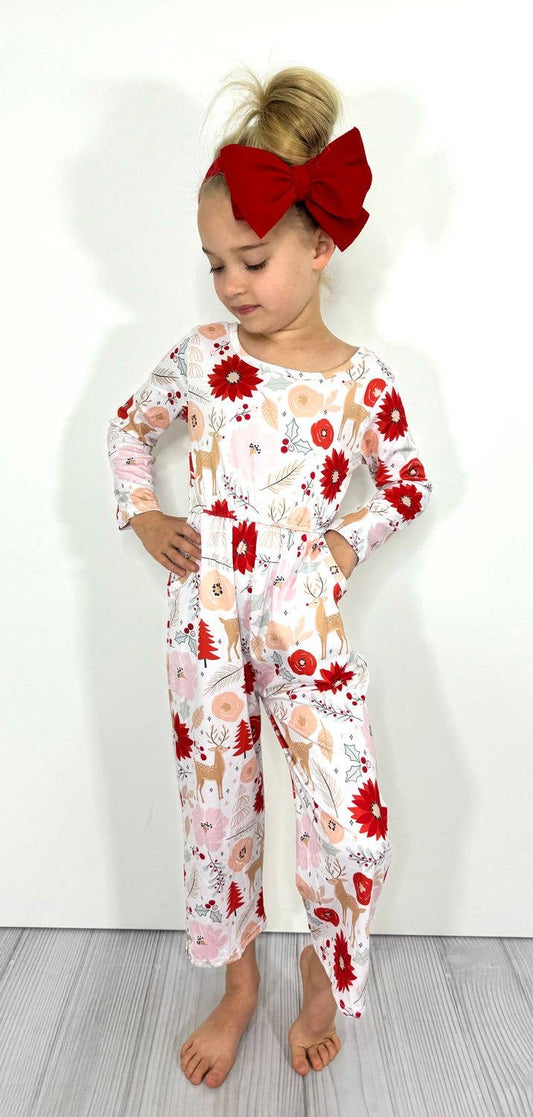 Poinsettia Deer Girls Romper