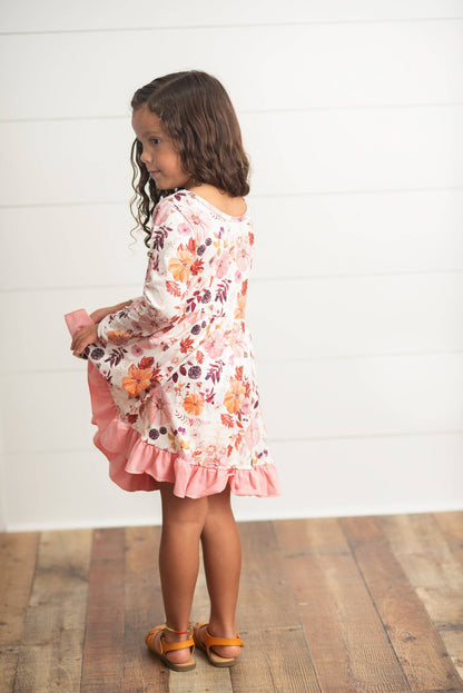 Girls Pink & Coral Vintage Pumpkin Floral Ruffle Fall Dress