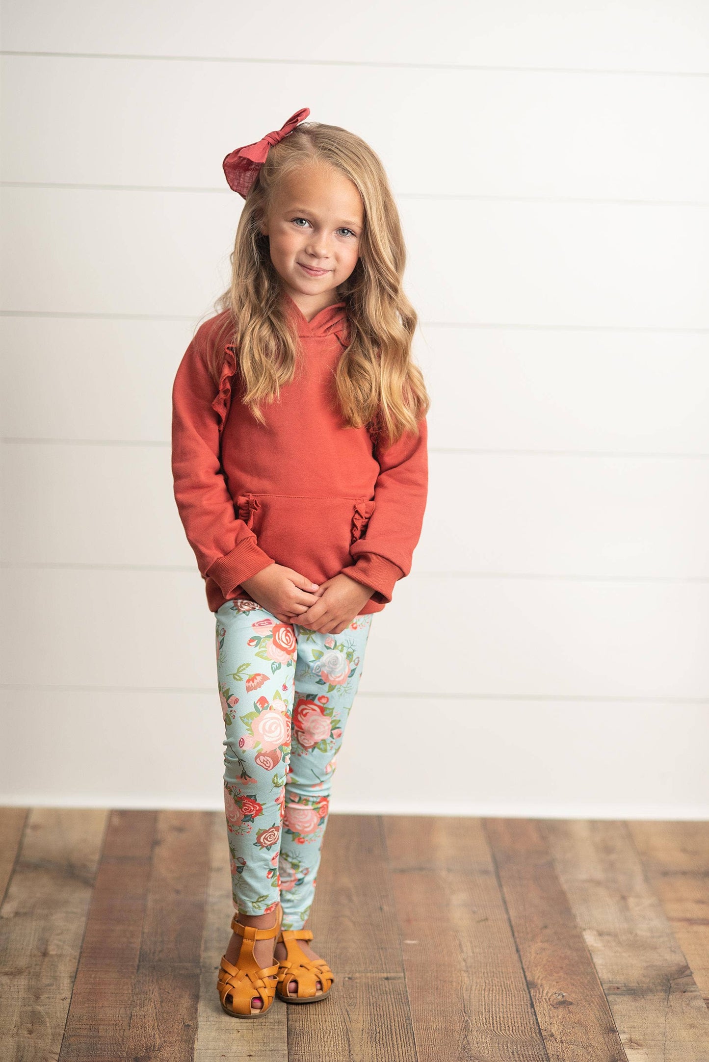 Kids Rust Pocket Ruffle Hoodie & Leggings Fall Set