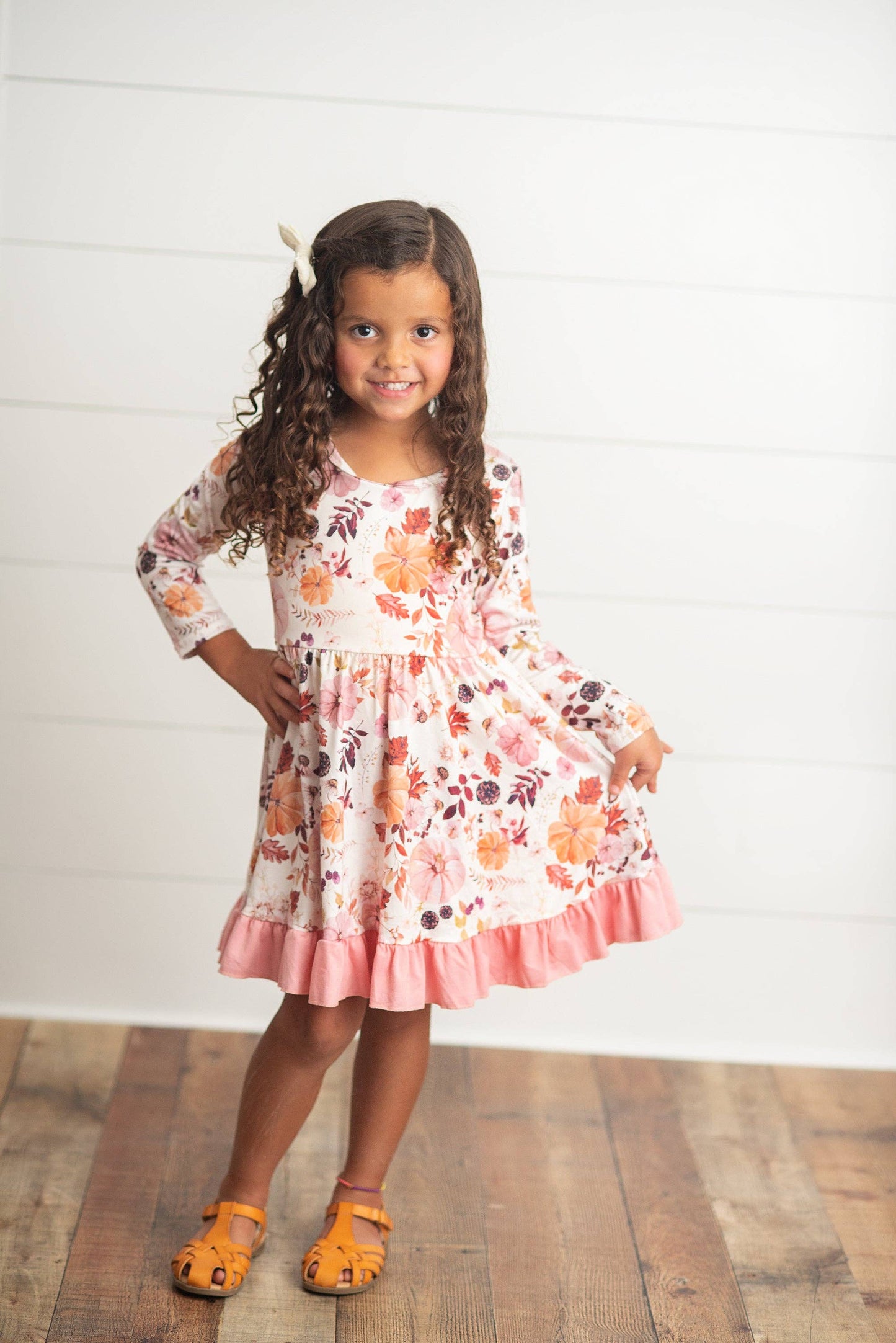 Girls Pink & Coral Vintage Pumpkin Floral Ruffle Fall Dress