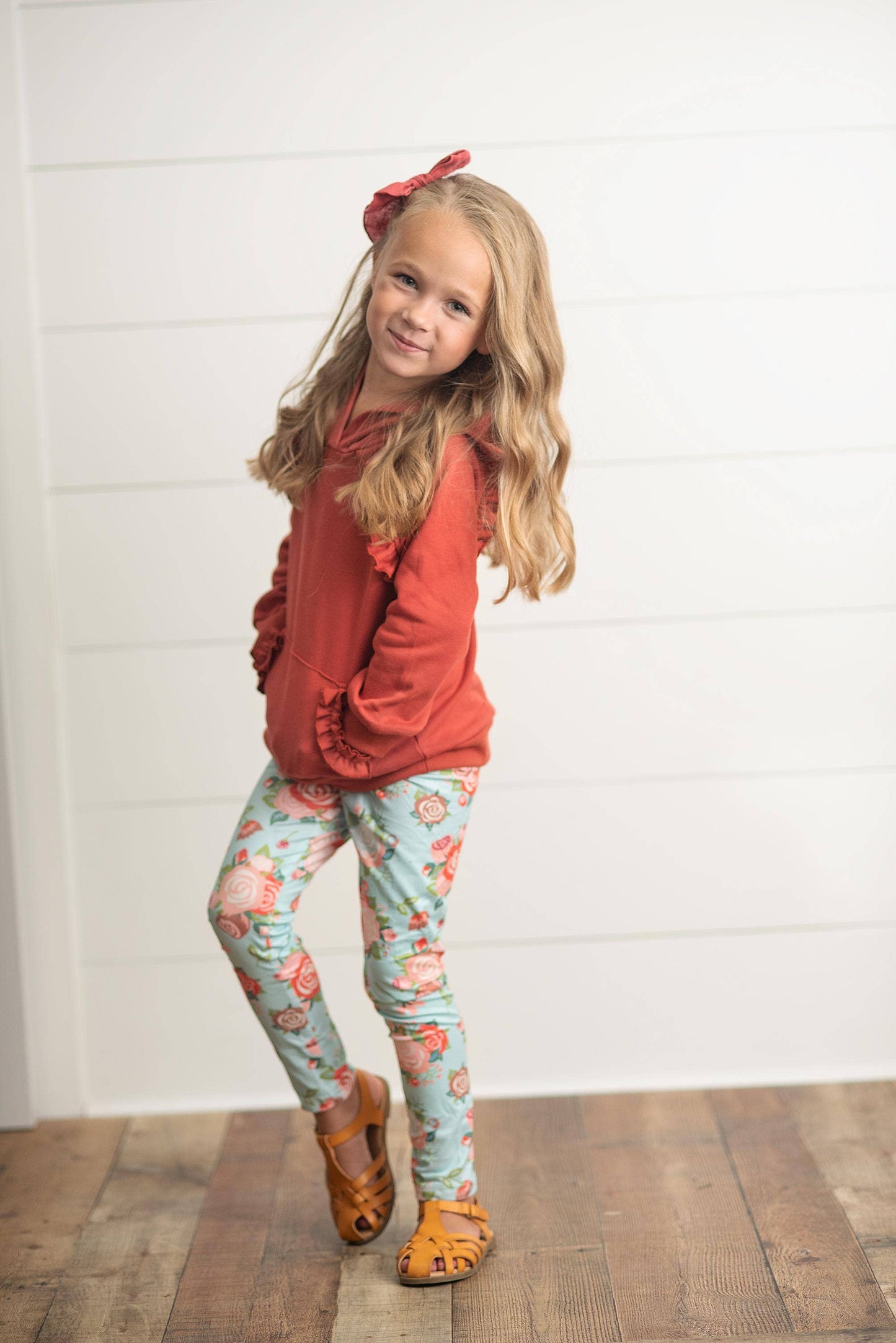Kids Rust Pocket Ruffle Hoodie & Leggings Fall Set