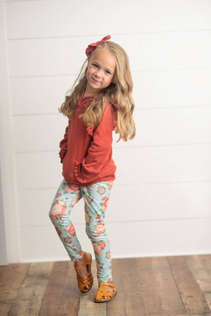 Kids Rust Pocket Ruffle Hoodie & Leggings Fall Set