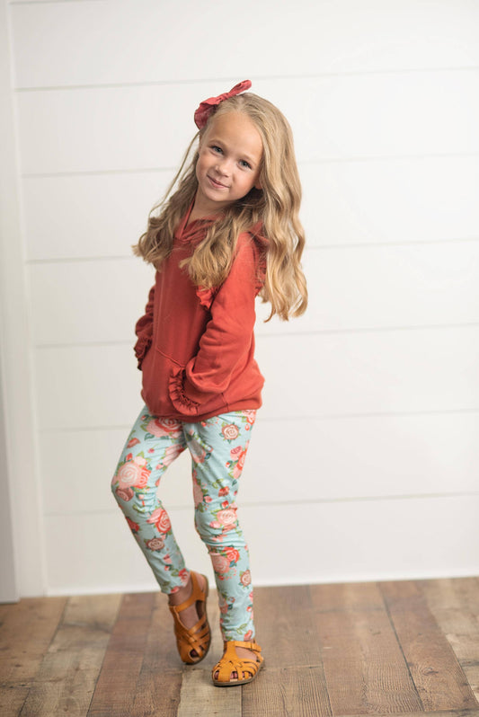 Kids Rust Pocket Ruffle Hoodie & Leggings Fall Set