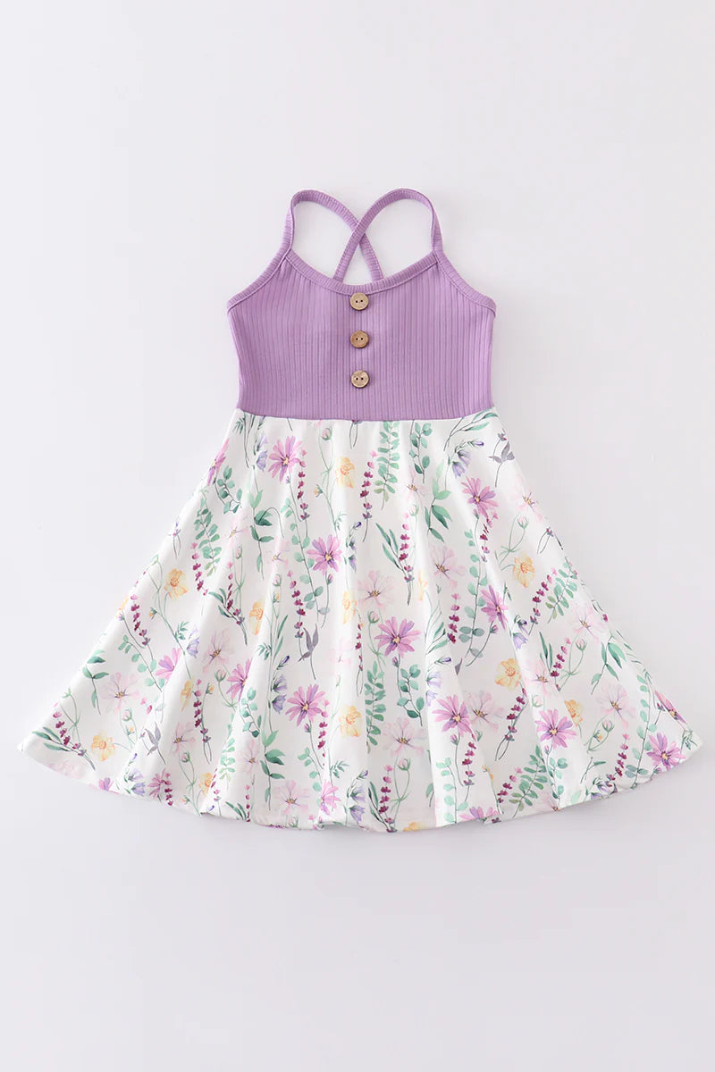 Purple floral print strap dress