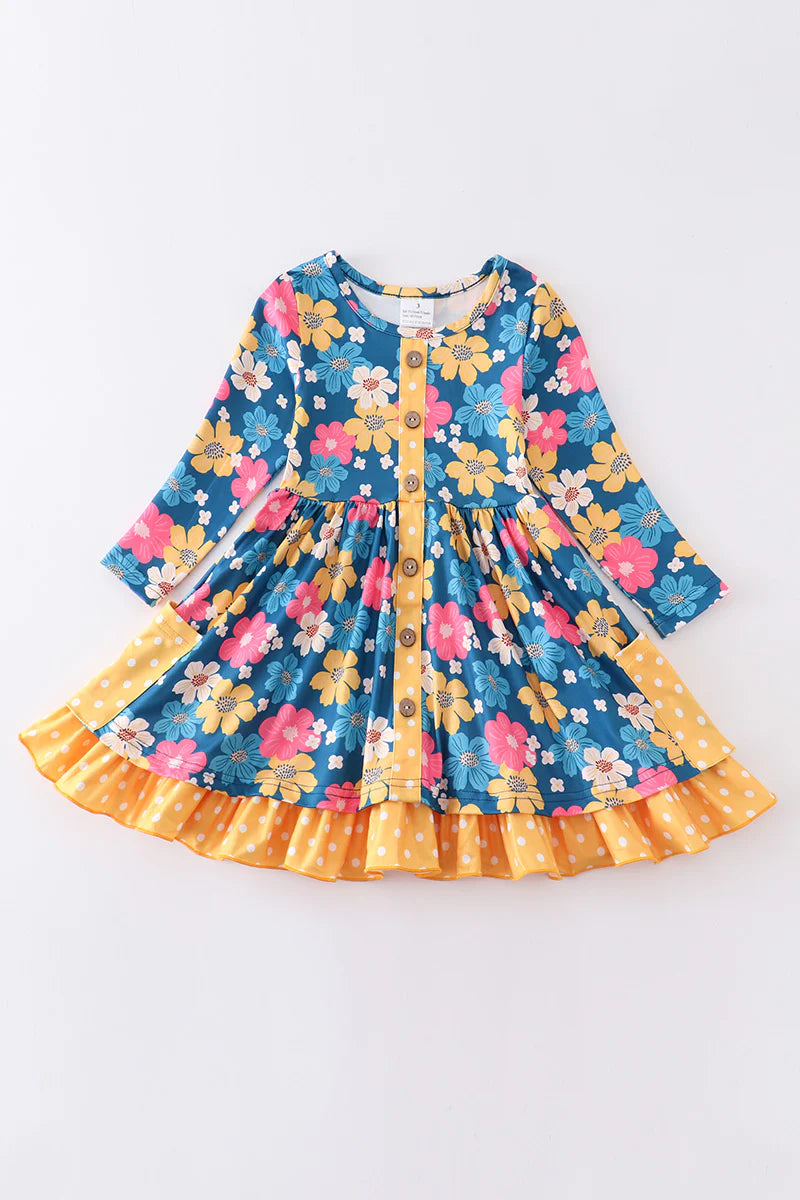 Mustard floral print ruffle dress