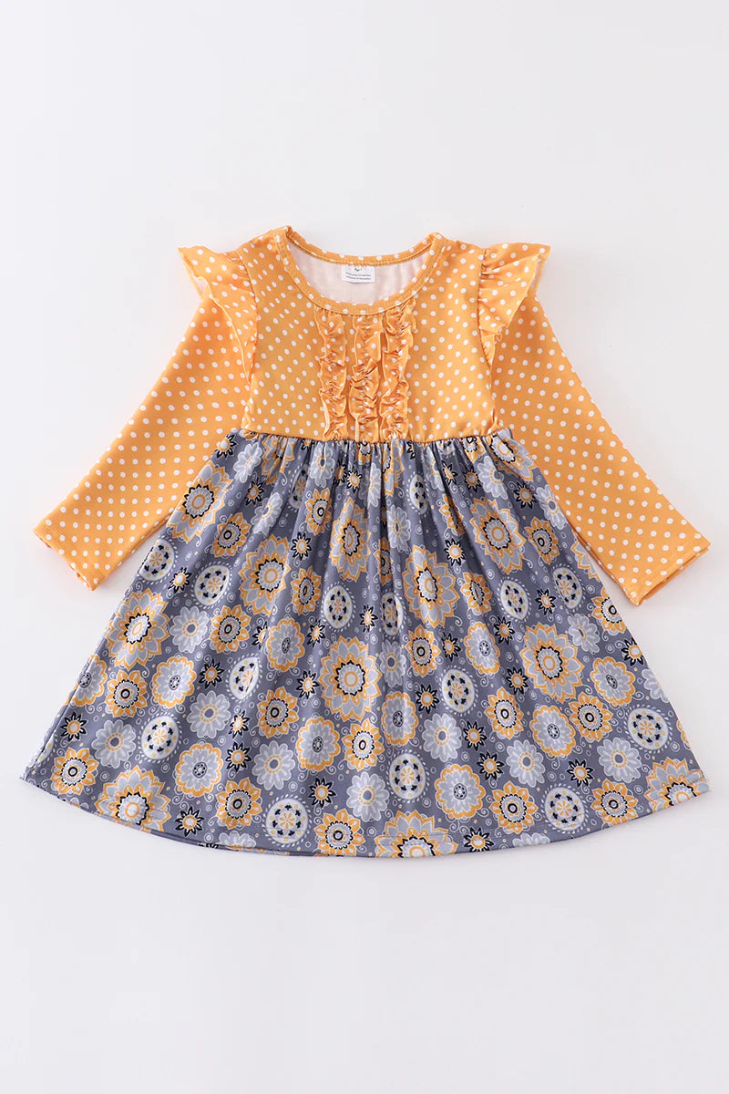 Mustard floral dot print ruffle dress