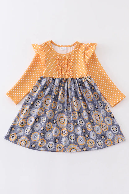 Mustard floral dot print ruffle dress