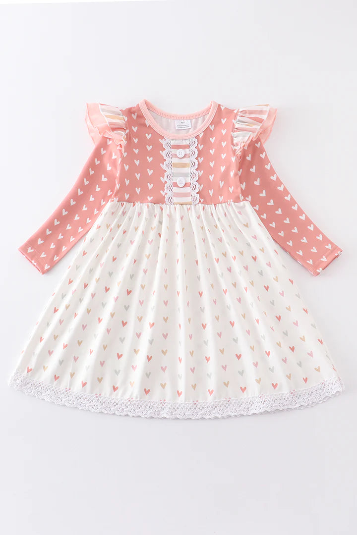 Pink heart print ruffle girl dress