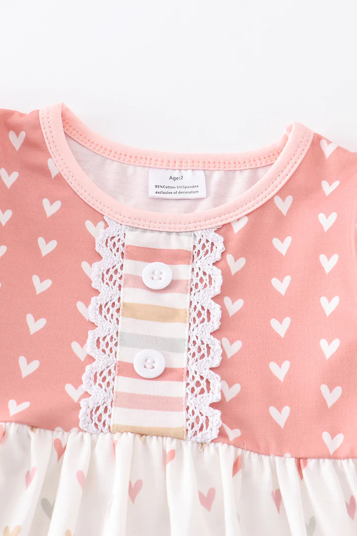 Pink heart print ruffle girl dress