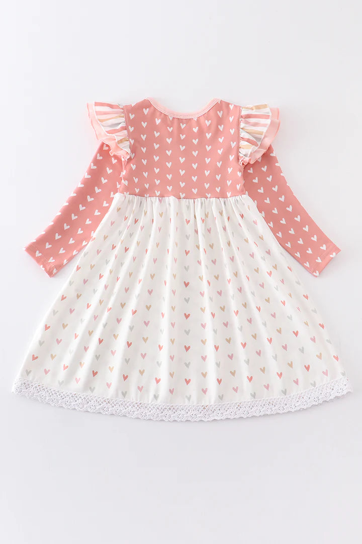 Pink heart print ruffle girl dress