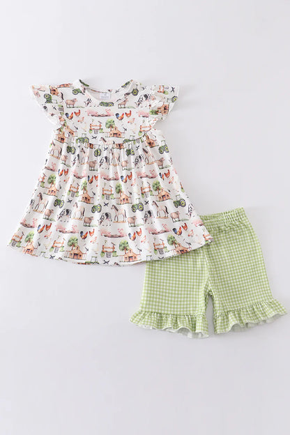 Green plaid farm animal print girl set