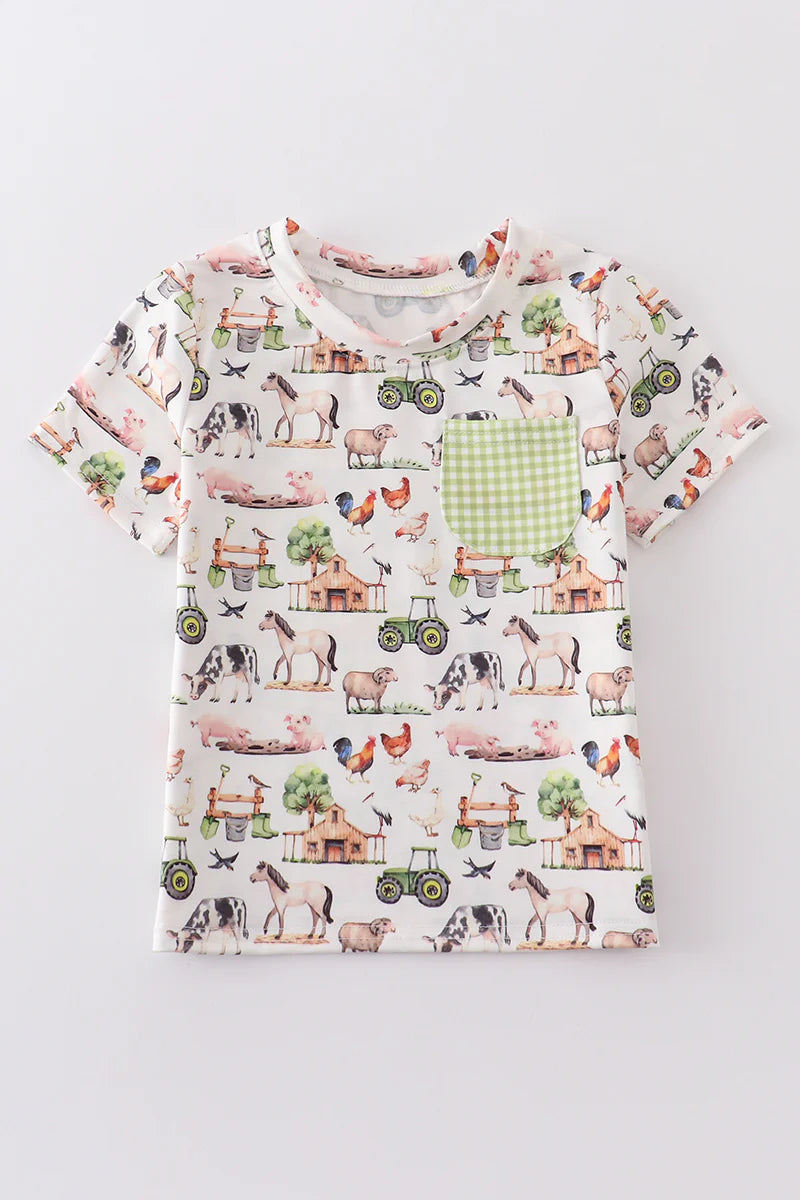 Green plaid farm animal print boy top