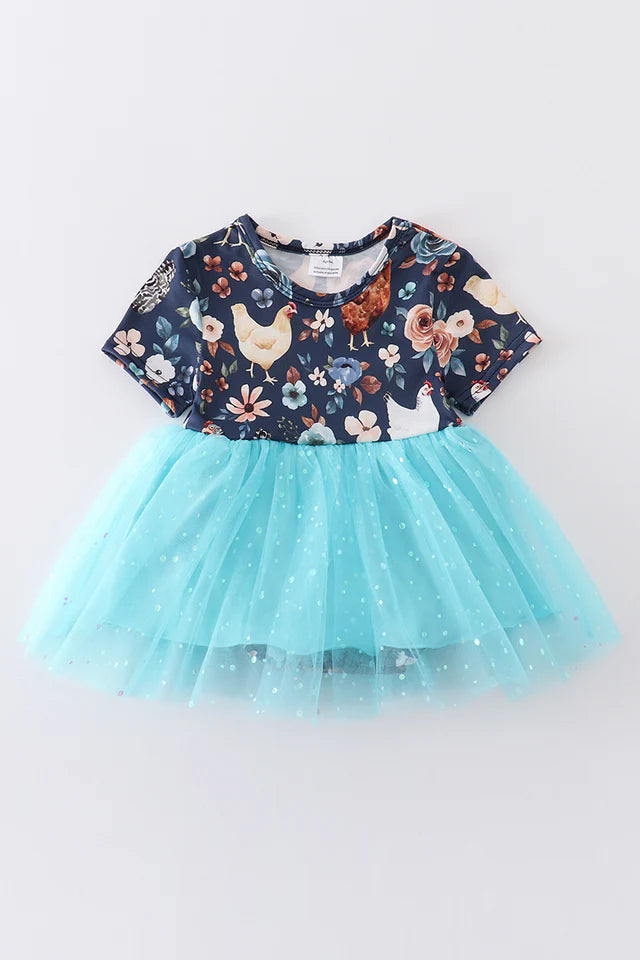 Floral Chicken Print with Sequin Tulle Bubble