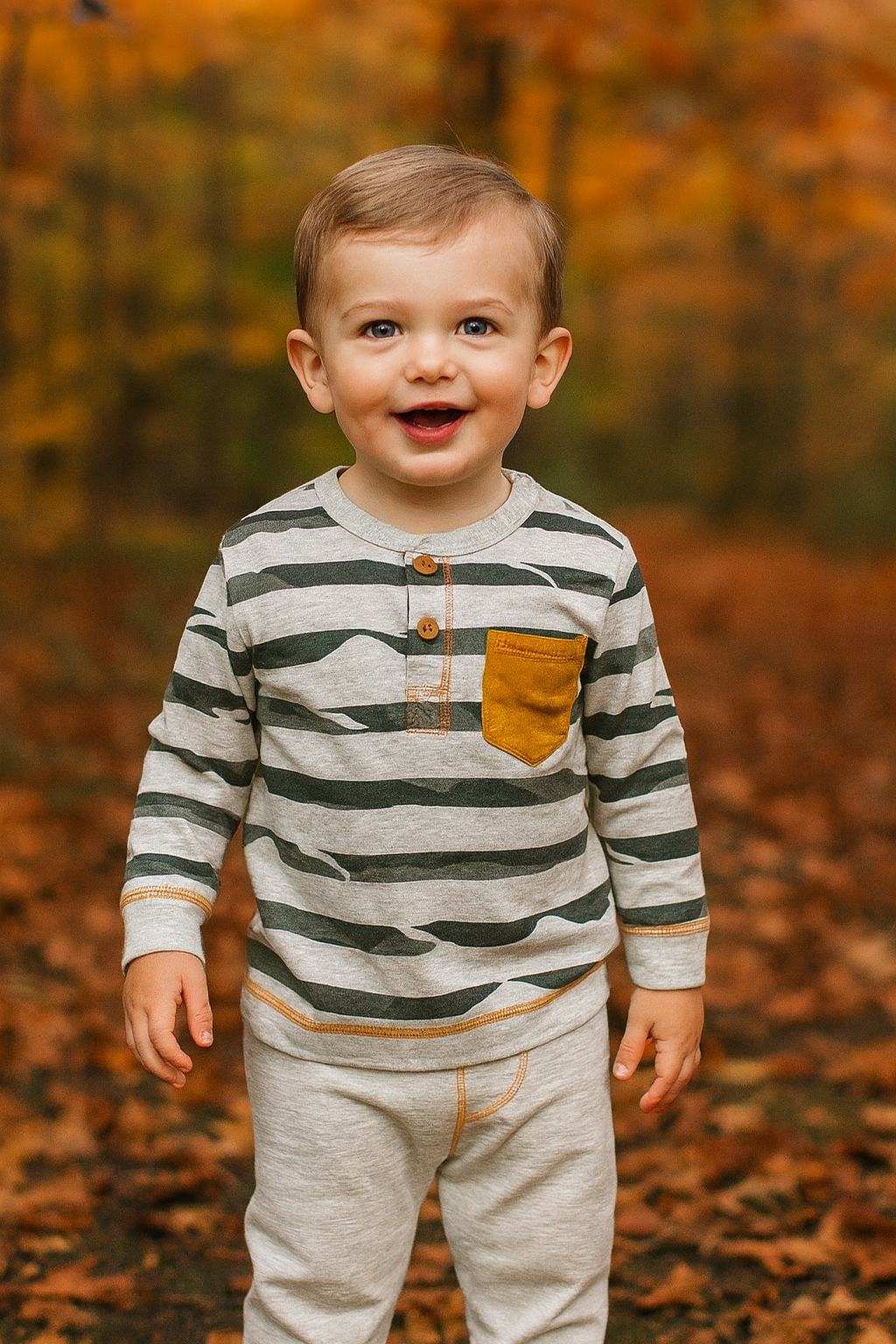 Child wearing a striped shirt with a pocket in an autumn setting