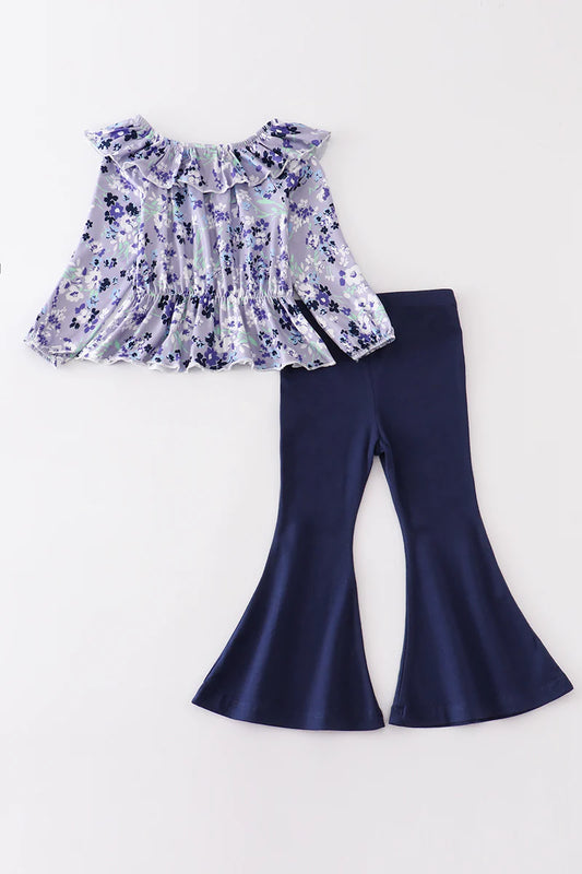 Blue floral print bell pants set