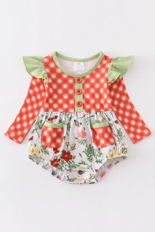 Orange Plaid Floral Print Ruffle Baby Romper