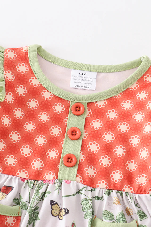 Orange Plaid Floral Print Ruffle Baby Romper